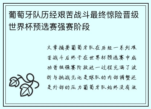 葡萄牙队历经艰苦战斗最终惊险晋级世界杯预选赛强赛阶段