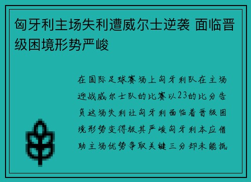 匈牙利主场失利遭威尔士逆袭 面临晋级困境形势严峻
