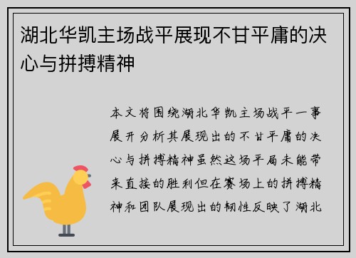 湖北华凯主场战平展现不甘平庸的决心与拼搏精神
