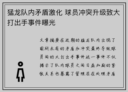 猛龙队内矛盾激化 球员冲突升级致大打出手事件曝光