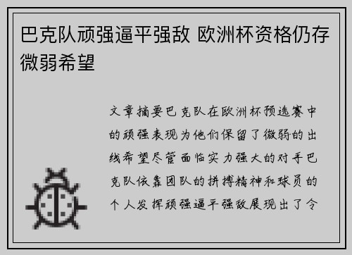 巴克队顽强逼平强敌 欧洲杯资格仍存微弱希望