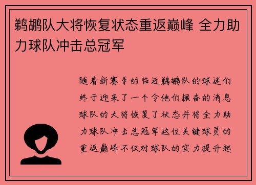 鹈鹕队大将恢复状态重返巅峰 全力助力球队冲击总冠军
